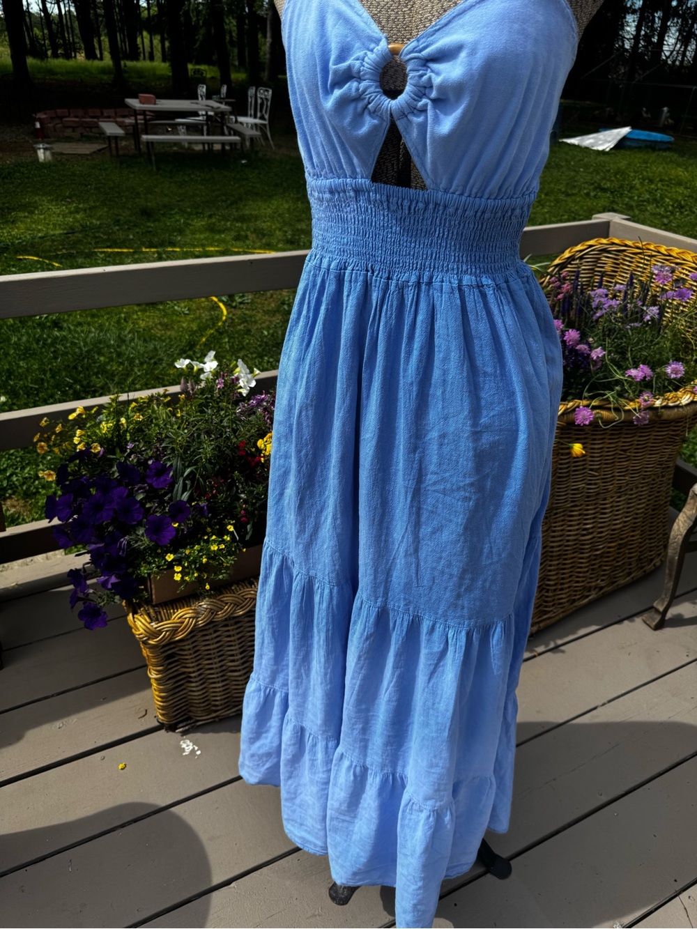 New Light Blue Smocked Maxi Dress with Tie Front - made in Peru - Picture 6 of 8